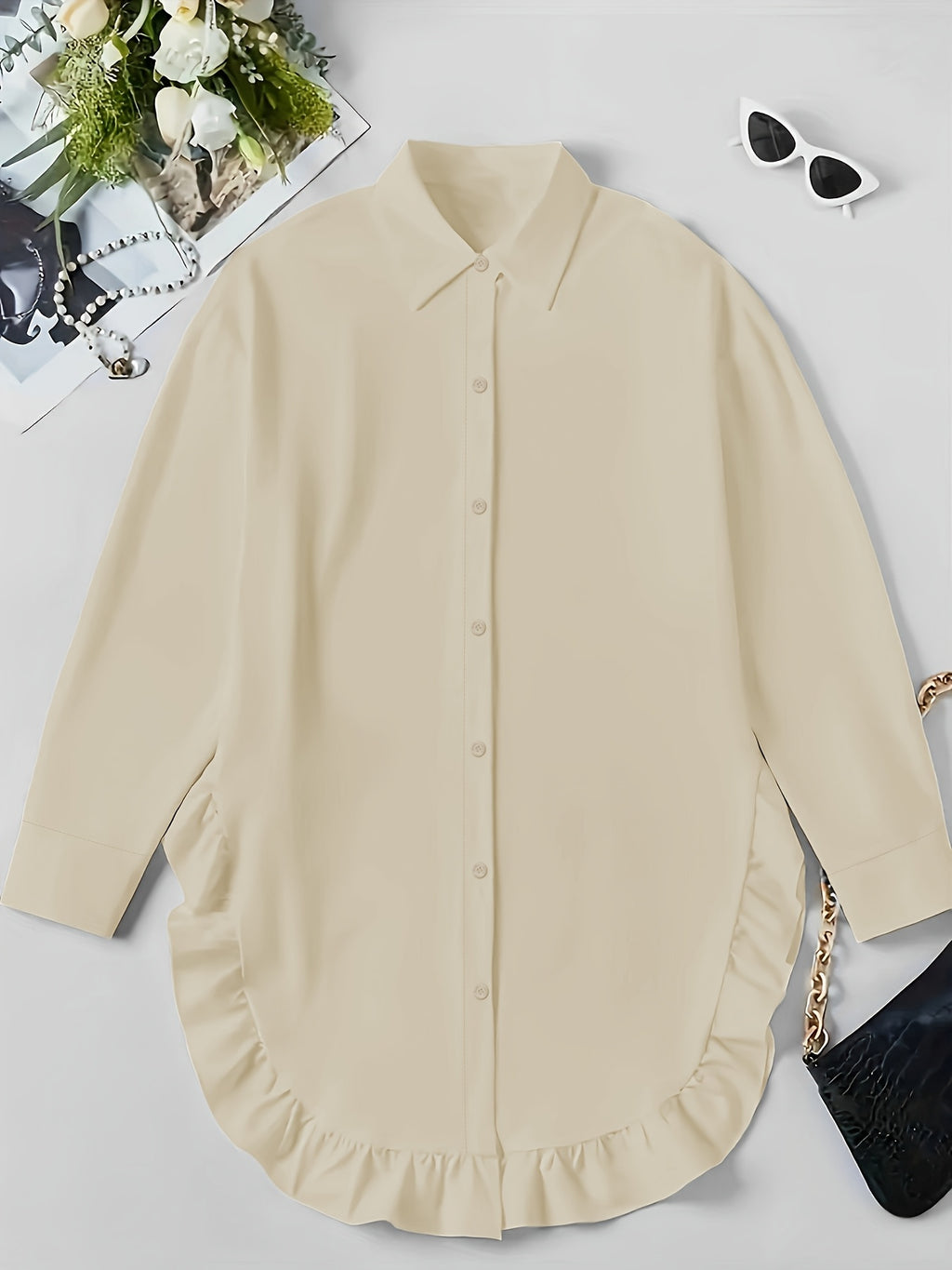 Ruffle Shirt Women Loose Oversized Frill Detail Casual Elegant Blouse Spring Summer Office Top S M L XL XXL
