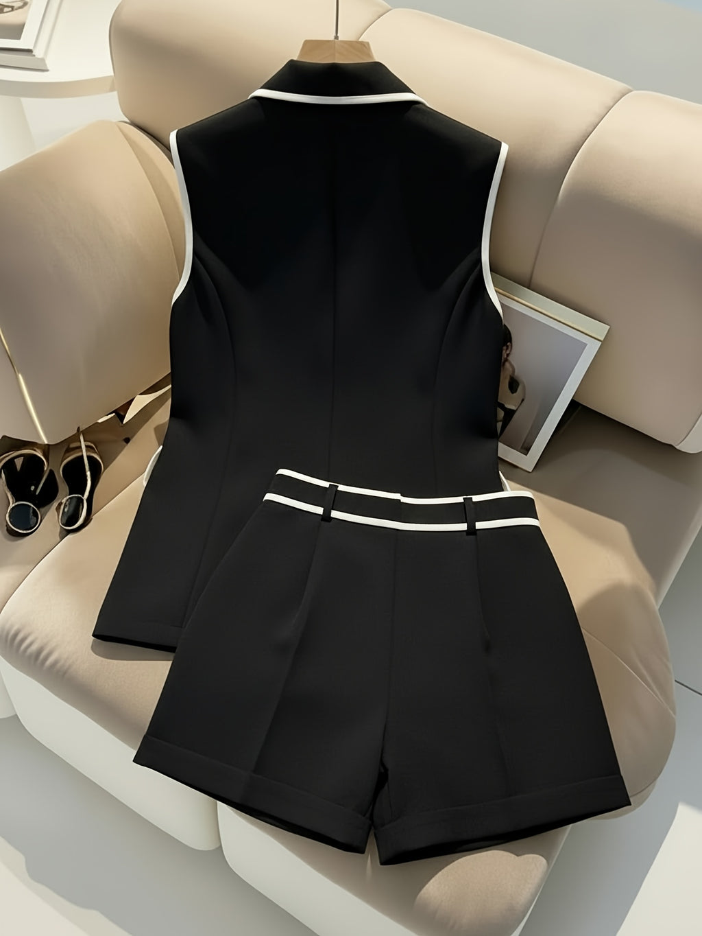 Double-Breasted Vest & Shorts 2-Piece Set for Women - Black White Contrast Trim Polished Casual Suit Chic Matching Outfit