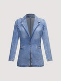 V Neck Denim Blazer Women Long Sleeve Solid Color Pockets Unlined Regular Fit Casual Jean Coat Fall Winter Light Blue
