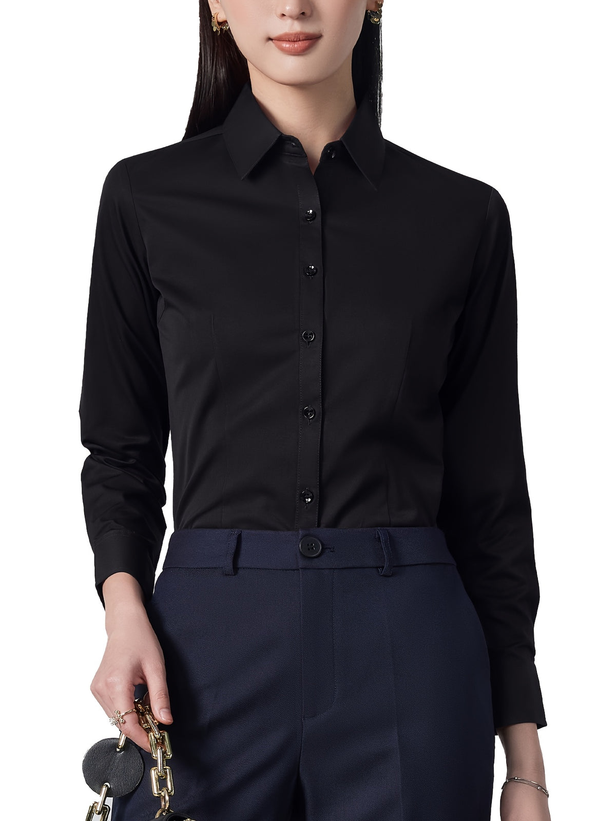 Square Collar Button-Front White Shirt for Women – Classic Long Sleeve Office Blouse in Soft Polyester Elastane, Professional Work Attire All-Season Top