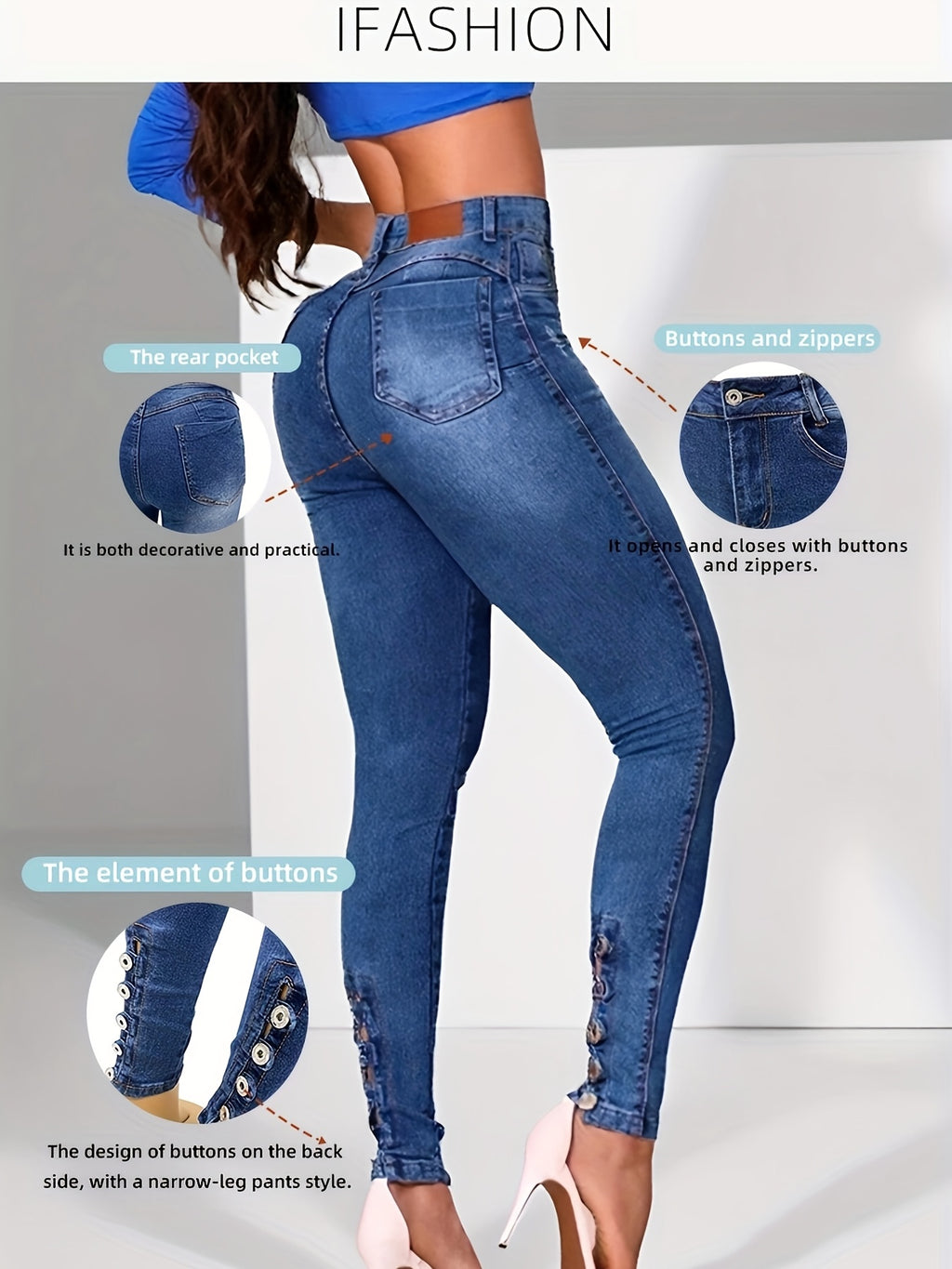 High-Waist Skinny Jeans for Women Stretch Hip-Lifting Tight Fit Button Detail Fashion Denim Pants All-Season S-XXL