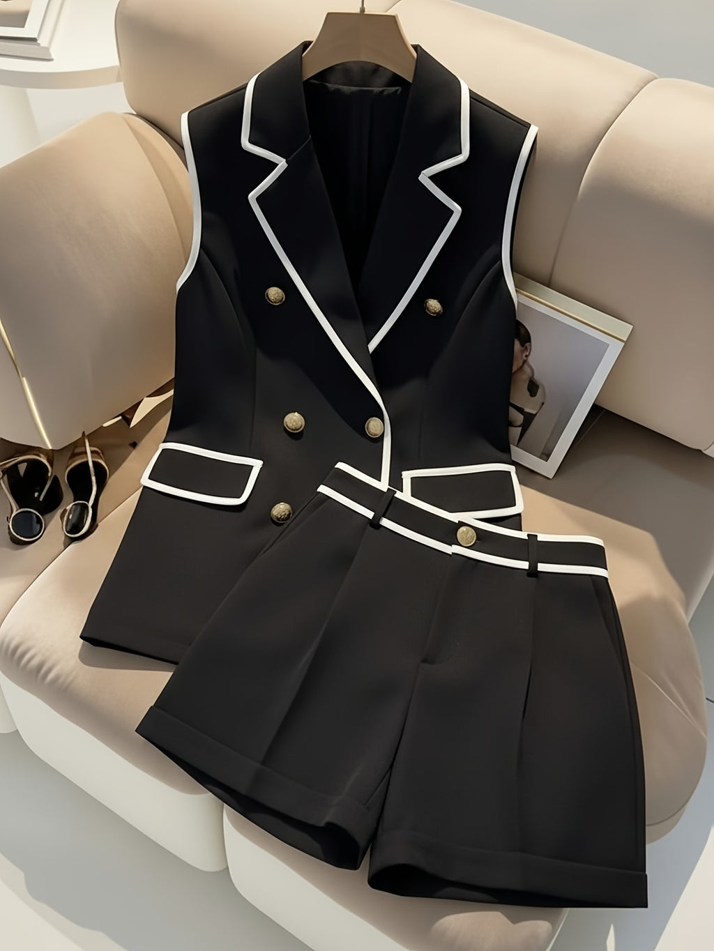 Double-Breasted Vest & Shorts 2-Piece Set for Women - Black White Contrast Trim Polished Casual Suit Chic Matching Outfit