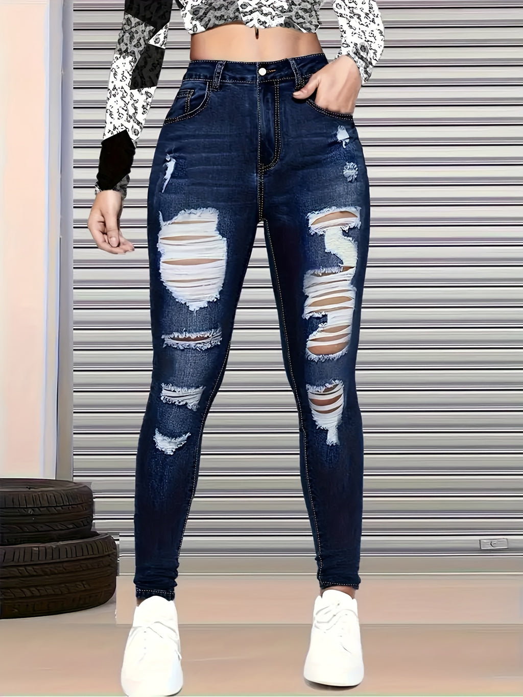 Women's High Stretch Ripped Skinny Jeans Dark Blue Slim Fit Distressed Denim Pants with Pockets Streetwear All-Season