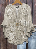 Floral Print Bell Sleeve Blouse Women V-Neck Button-Front Ruffle Vintage Casual Top Spring Summer S-XL
