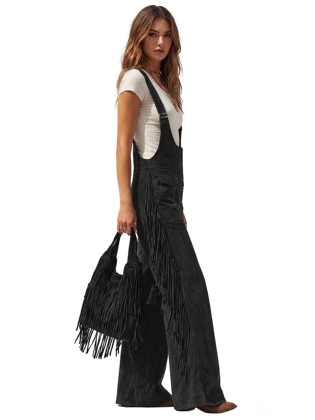 Vintage Fringe Overalls Women Wide Leg Loose Faux Suede Western Boho Festival Country Concert Halloween Costume Outfit