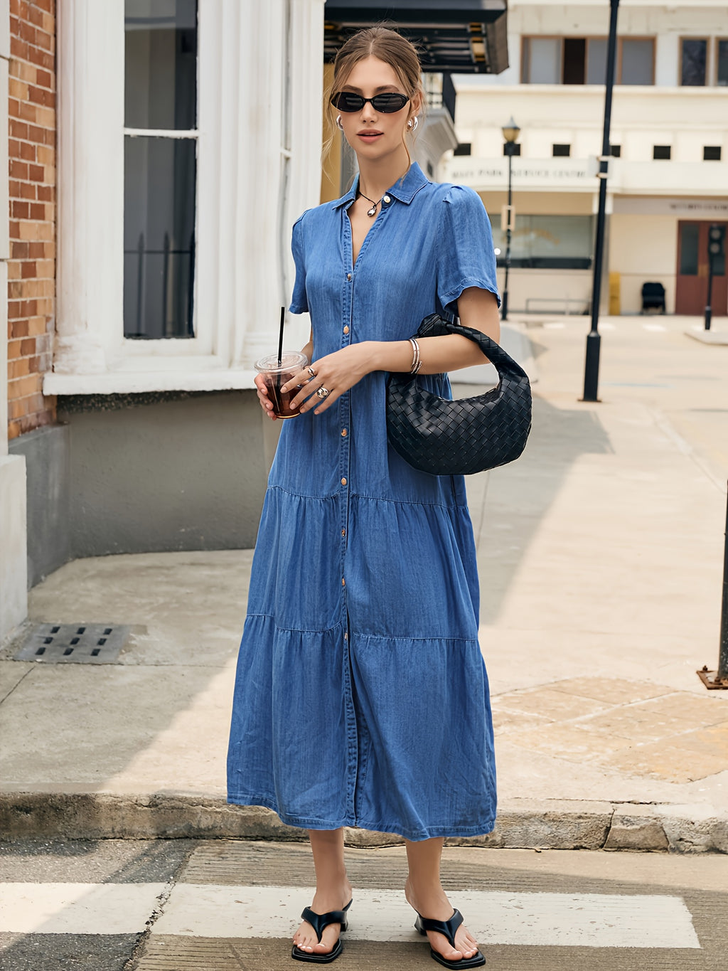 Lyocell Tiered Ruffle Hem Denim Dress Women V-Neck Short Sleeve Maxi Floor-Length Light Blue Casual Vacation All-Season Regular Fit