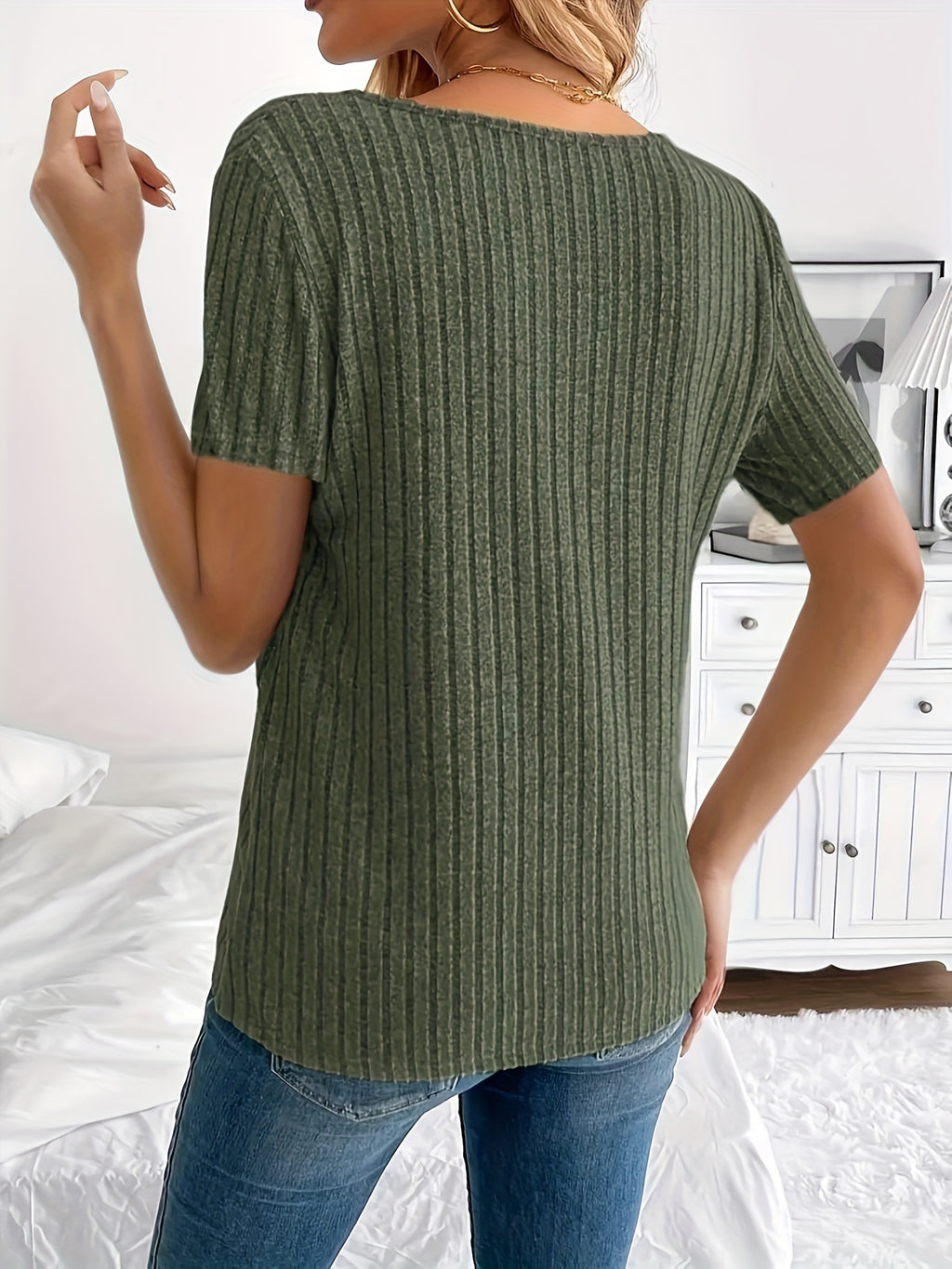 Ribbed V-Neck Button Detail T-Shirt Women Short Sleeve Loose Fit Casual Stretch Knit Top Machine Washable Spring Summer Everyday Style