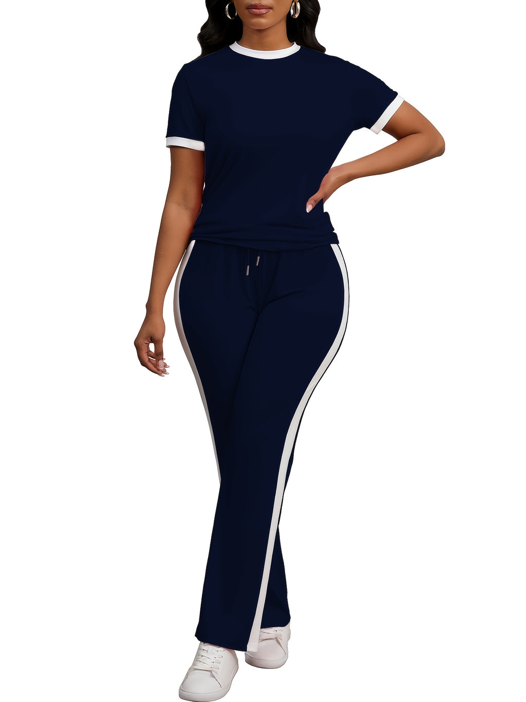 Women Colorblock 2 Piece Tracksuit Set Short Sleeve Crew Neck Top Striped Sweatpants Casual Lounge Jogger Matching Outfit for Workout Everyday Wear