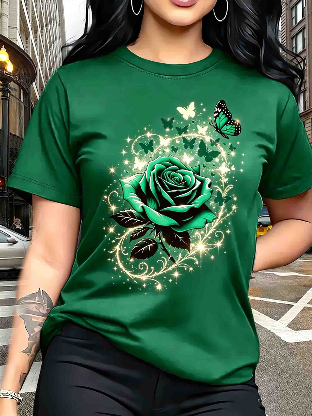 Women's Butterfly Rose Print T-Shirt Casual Crew Neck Short Sleeve Breathable Spring Summer Graphic Tee