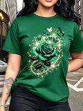 Women's Butterfly Rose Print T-Shirt Casual Crew Neck Short Sleeve Breathable Spring Summer Graphic Tee