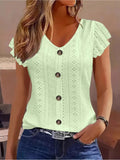 Women's V-Neck Ruffled Short Sleeve Blouse Eyelet Embroidered Jacquard Top Decorative Buttons Elegant Casual Spring Summer Stretch Shirt S-XXL