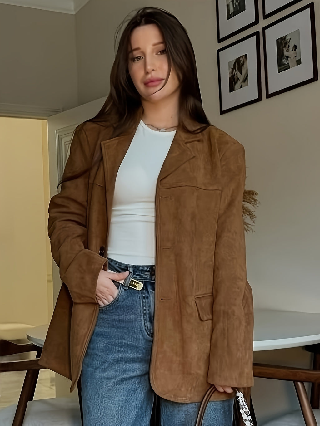 Women Y2K Suit Collar Blazer Jacket Midi Length Long Sleeve Loose Fit Vintage Style Light Brown S-XXL