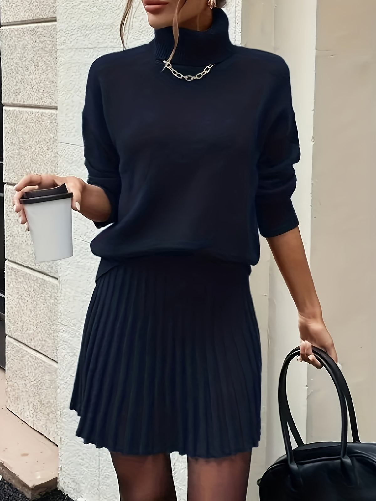 High-Neck Sweater Pleated Skirt Two-Piece Set Women Elegant Drop Shoulder Long Sleeve | Chic Knit Top + Pleated Skirt Co-Ord for Fall Winter Office & Daily Wear