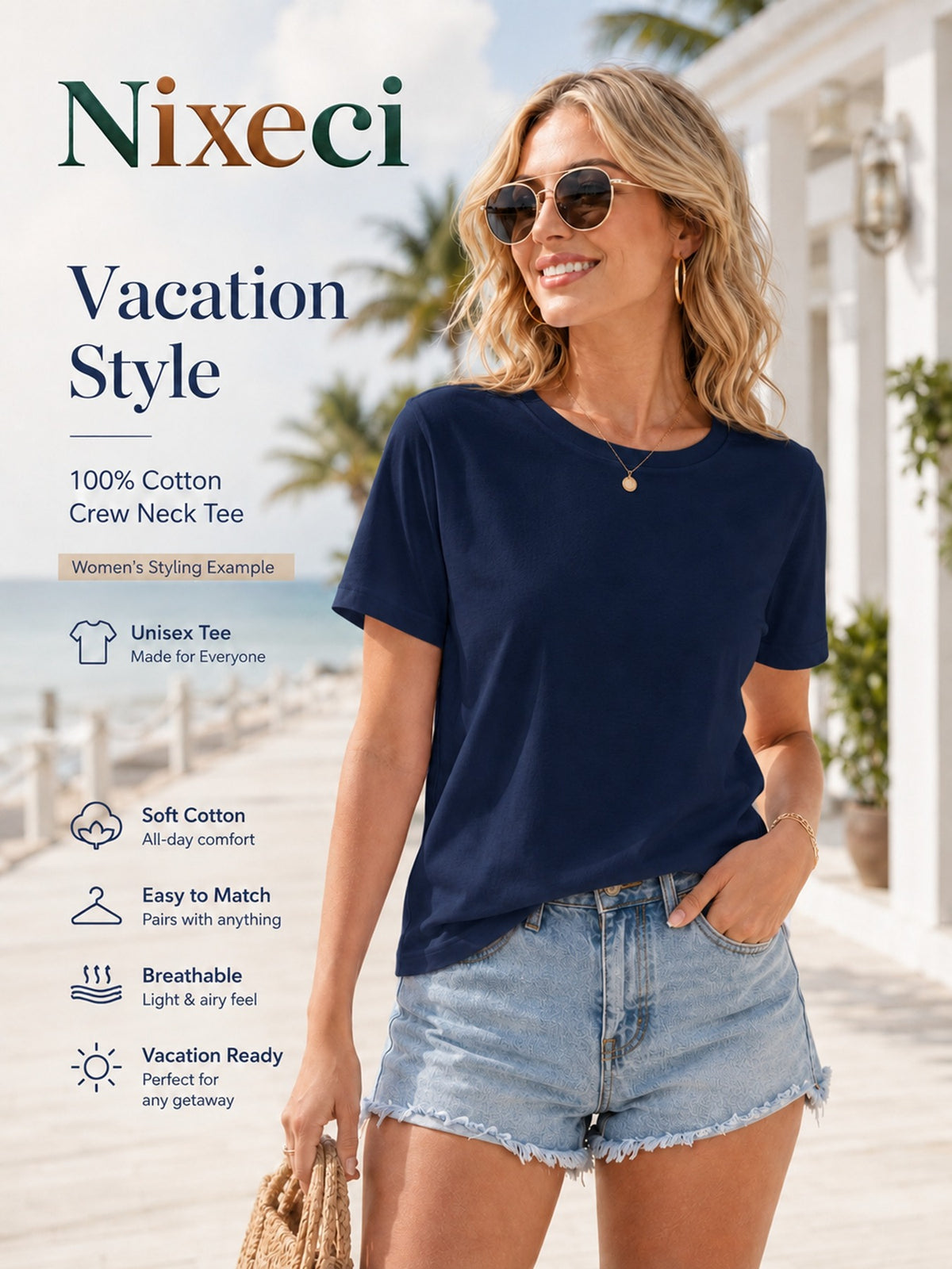 Tropical Palm Print T-Shirt for Women – Retro Hawaiian Coconut Tree Short Sleeve Crewneck Loose Beach Vacation Top, Casual Surfing Poolside Shirt