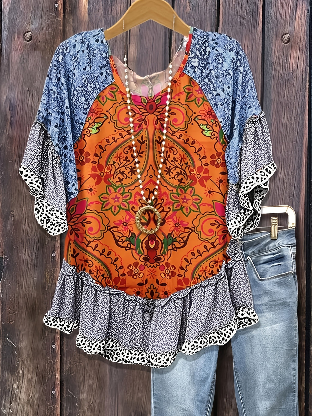 Vintage Floral Leopard Print Loose Blouse Top Women Ruffle Patchwork Cuffs Hem Casual Long Sleeve Shirt Women's Clothing