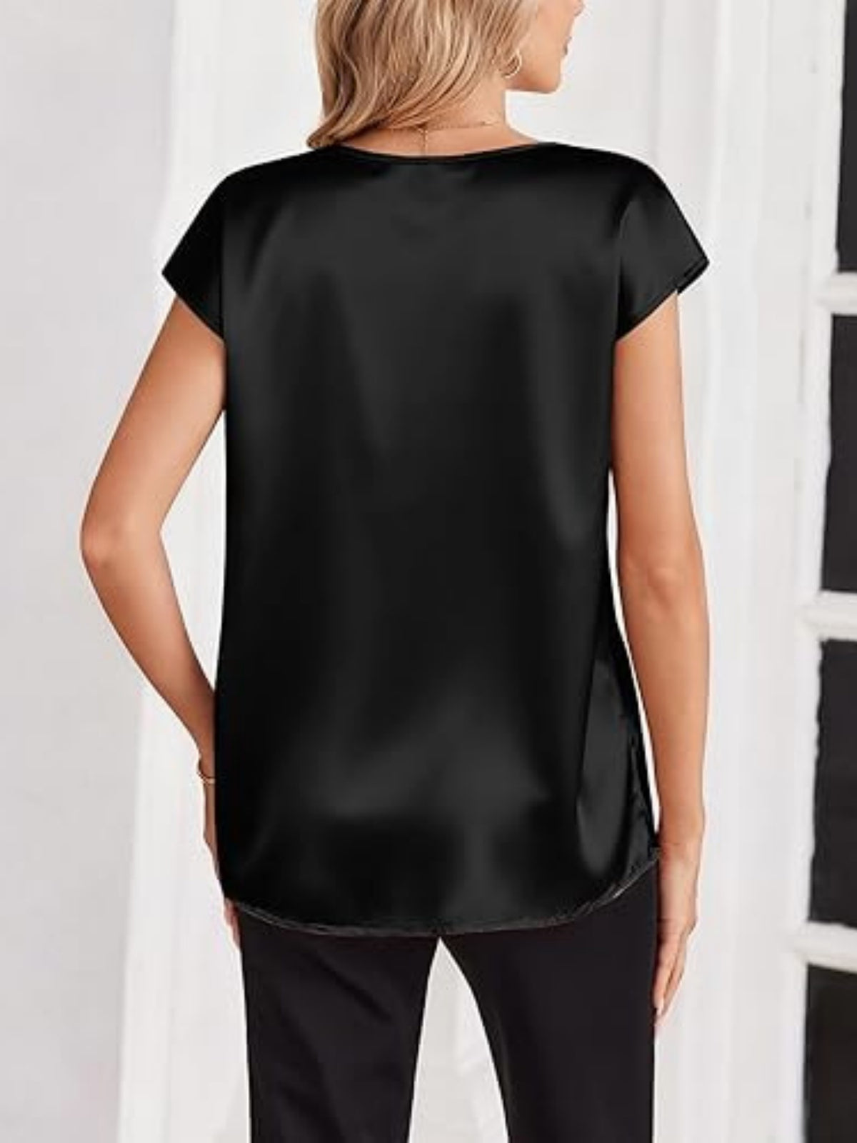 Women Satin V-Neck Cap Sleeve Blouse | Elegant Business Casual Top | Sizes S-XXL