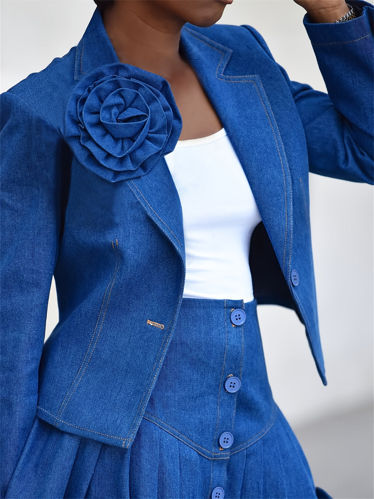 Women's Denim Skirt Suit 2pcs Set Jean Blazer & Pleated Skirt Business Casual Applique Lapel Long Sleeve