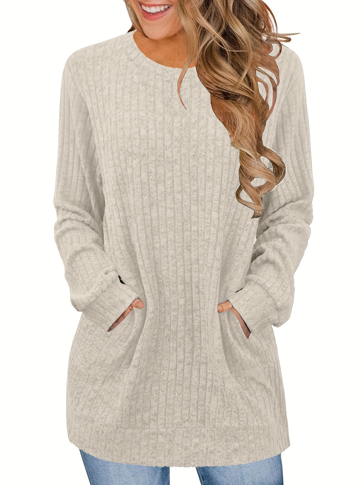 Oversized Sweater Dress Women Beige Long Sleeve Round Neck Tunic Pockets Cozy Casual All Season Machine Washable S-XXL