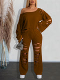 Distressed 2 Piece Set Women Off Shoulder Long Sleeve Top and Ripped Pants Streetwear Outfit - Casual Party Knit Co-ord Spring Fall