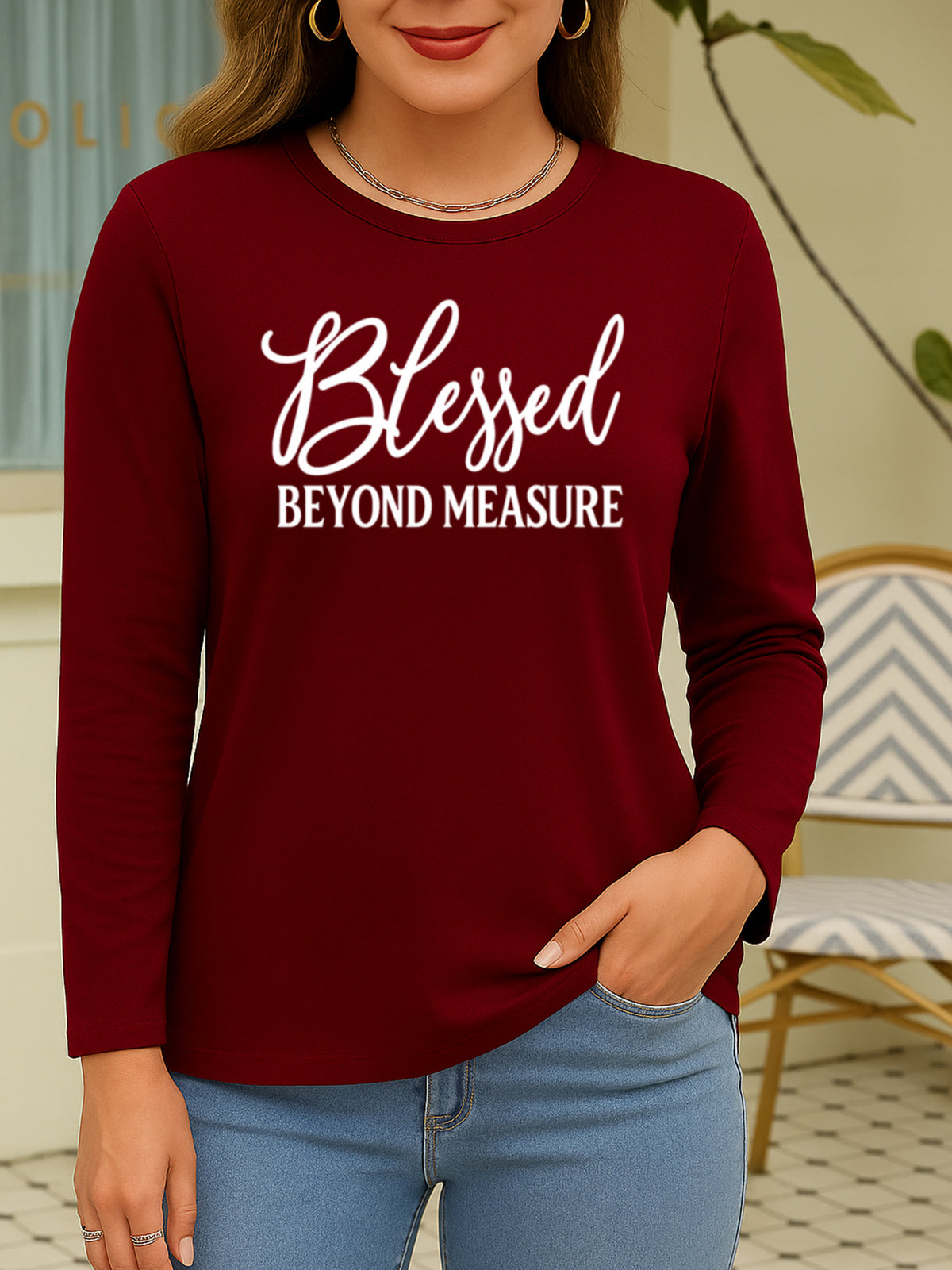 Women Long Sleeve Graphic Top Faith Letter Print Soft Breathable Machine Washable S-XXL