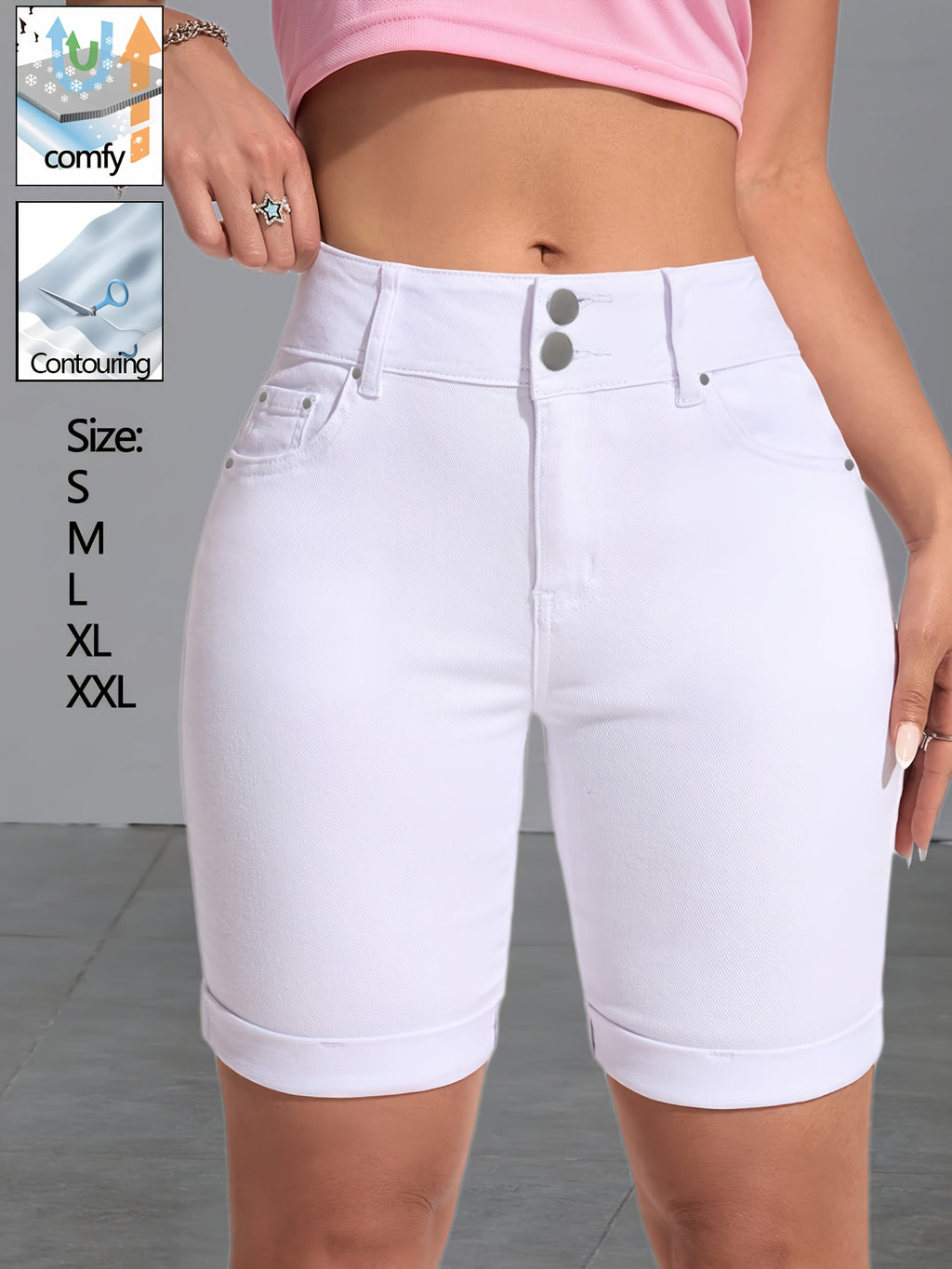 White High Waist Denim Shorts for Women - Double Breasted Button Fly, Multi-Rivet Detail, Butt Lift High Stretch Fabric, Flattering Casual Summer Jean Shorts