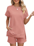 Solid Color Short Sleeve & Shorts 2-Piece Set for Women – Round Neck Slit Top with Matching Shorts, Casual Summer Loungewear Outfit