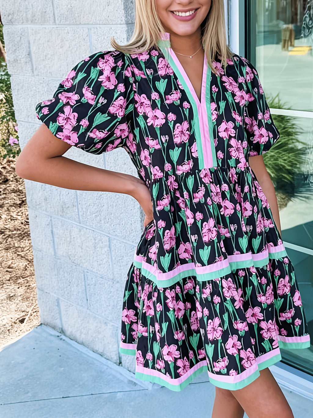 Puff Sleeve Floral Mini Dress Women Boho V-Neck Loose Flared Hem Lightweight Beach Vacation Dress Summer S-XXL