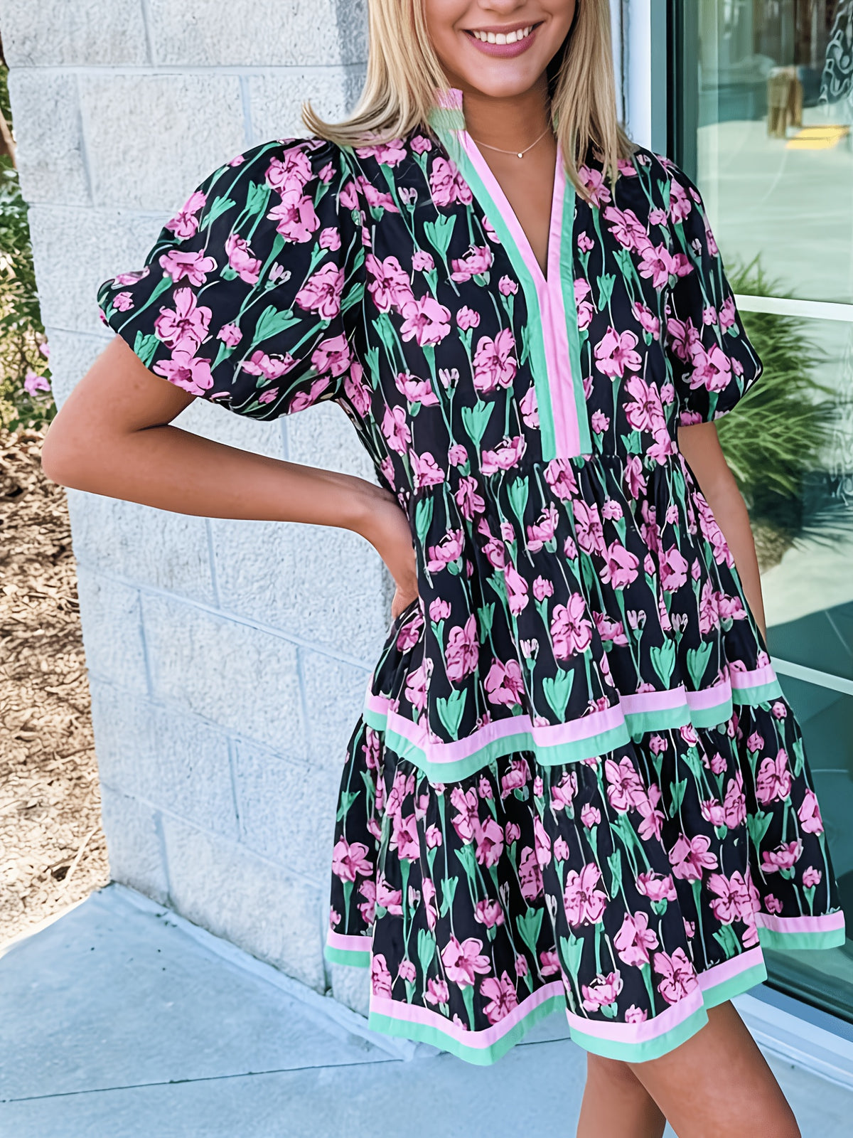 Puff Sleeve Floral Mini Dress Women Boho V-Neck Loose Flared Hem Lightweight Beach Vacation Dress Summer S-XXL