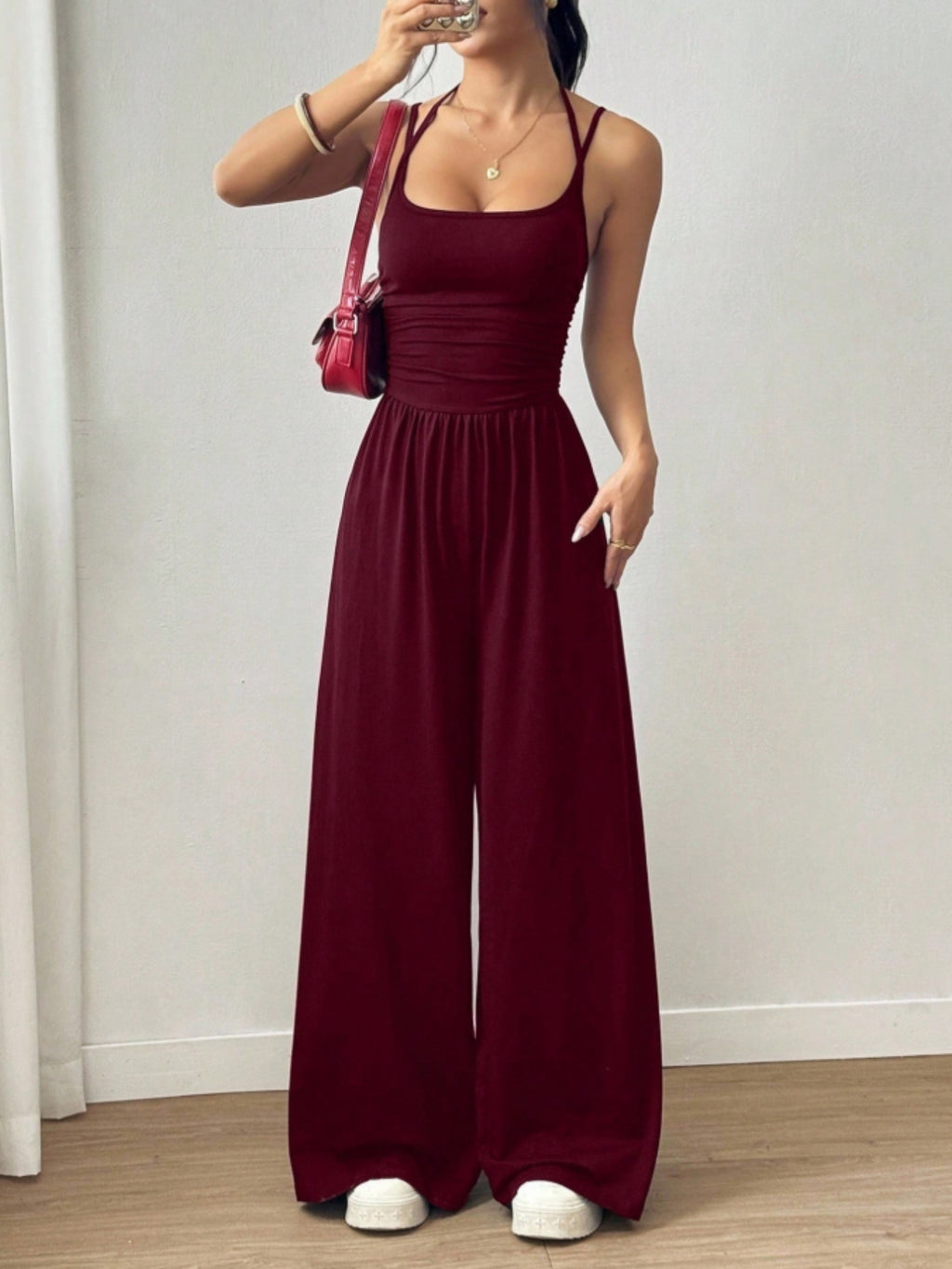 Pleated Loose Fit Jumpsuit Women Casual Wide Leg One Piece Outfit Spring Summer Light Grey Navy S-XL