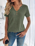 Ribbed V-Neck Button Detail T-Shirt Women Short Sleeve Loose Fit Casual Stretch Knit Top Machine Washable Spring Summer Everyday Style