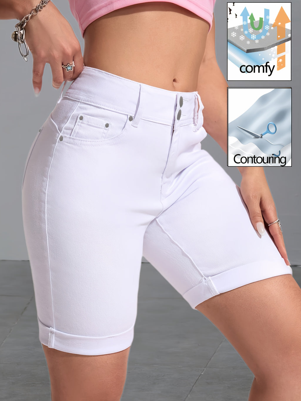 White High Waist Denim Shorts for Women - Double Breasted Button Fly, Multi-Rivet Detail, Butt Lift High Stretch Fabric, Flattering Casual Summer Jean Shorts