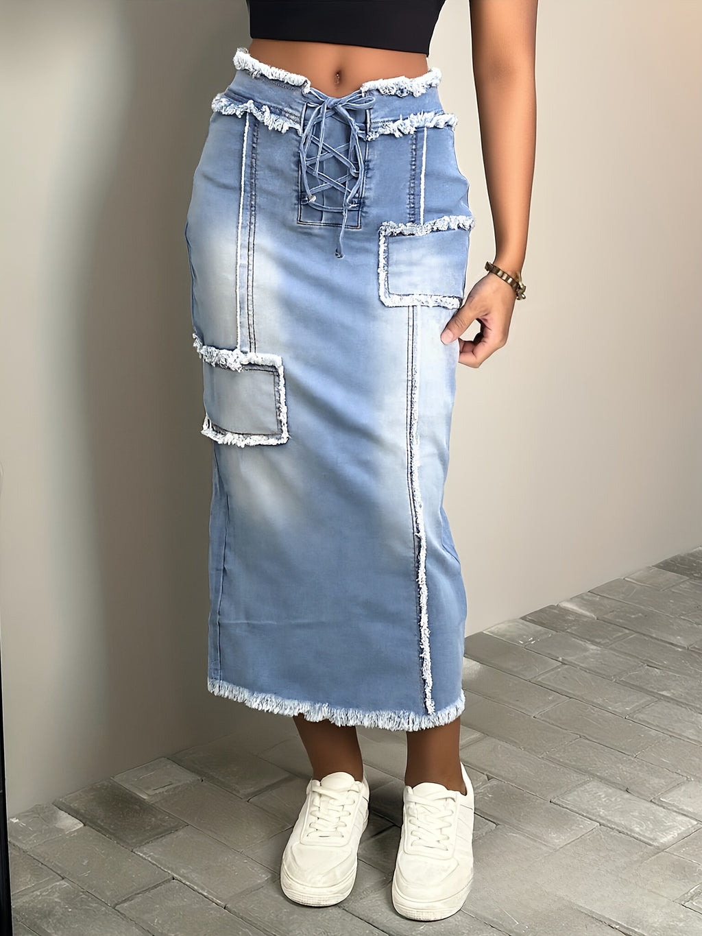 Vintage Distressed Denim Fishtail Midi Skirt Women Frilled Hem Strap Detail Solid Color Casual Western Jean Skirt