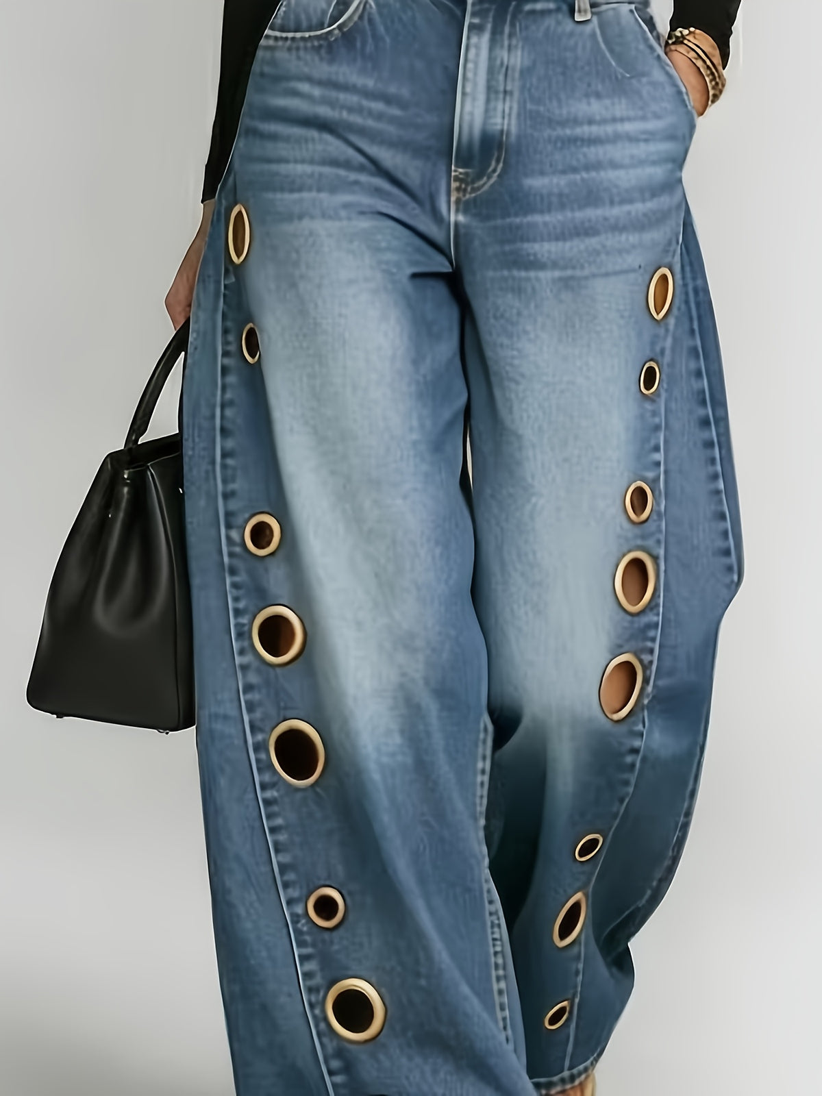 High Waist Wide Leg Jeans Women Retro Metal Eyelet Denim Pants Loose Casual Street Style Y2K Cool Streetwear