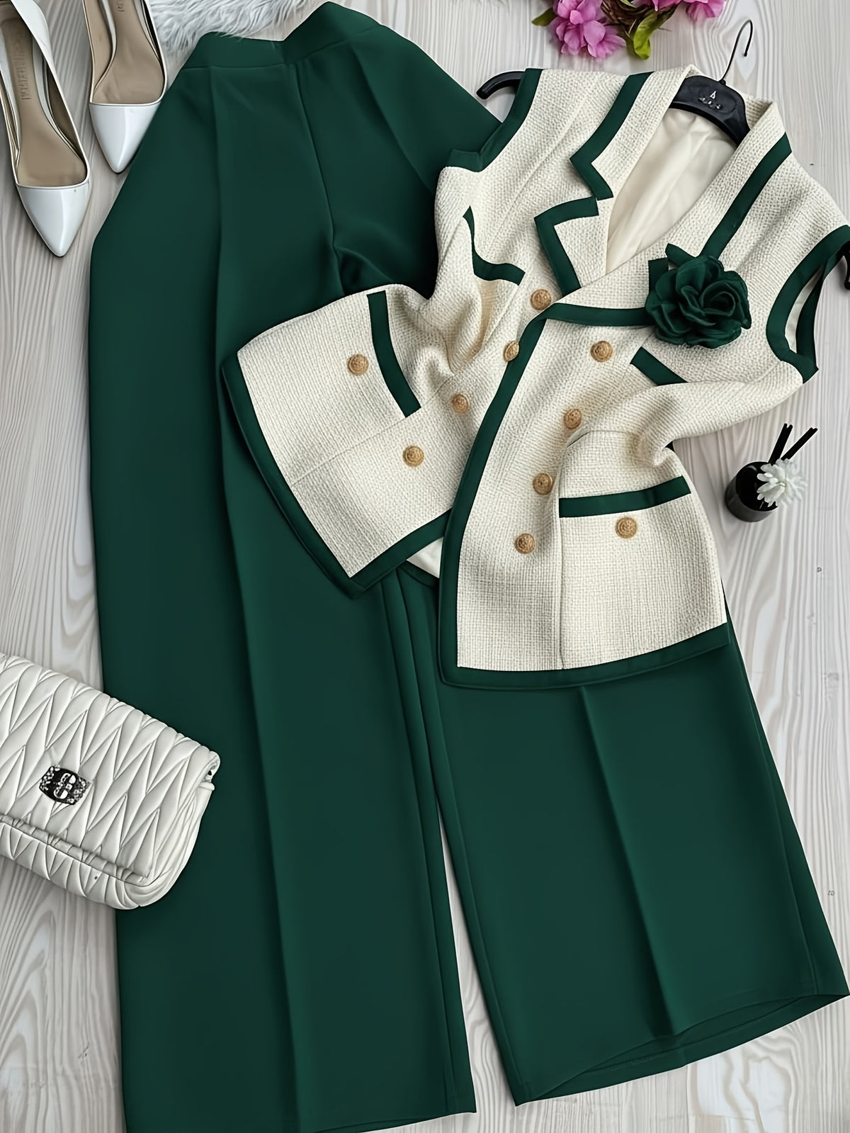 Blazer and Pencil Skirt Set Women 2pcs Contrast Collar White Blue Office Business Formal Outfit Fall Winter S-XL