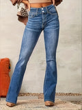Women's High-Rise Flared Bell-Bottom Jeans Stretch Denim Button Closure Blue Black All Season