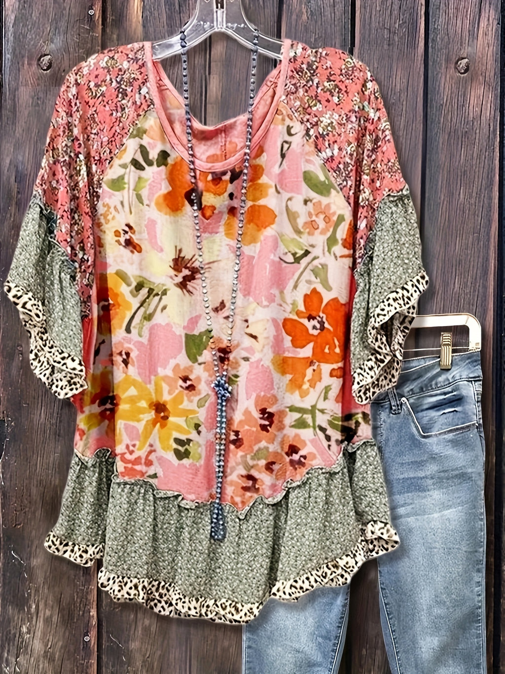 Vintage Floral Leopard Print Loose Blouse Top Women Ruffle Patchwork Cuffs Hem Casual Long Sleeve Shirt Women's Clothing