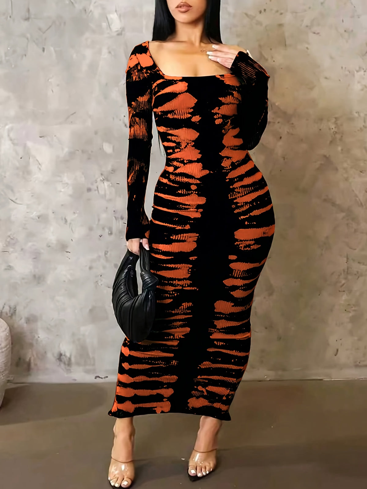 Tie-Dye Bodycon Maxi Dress Women Long Sleeve Ankle Length Contrasting Print Figure-Hugging Sexy Elegant Long Dress