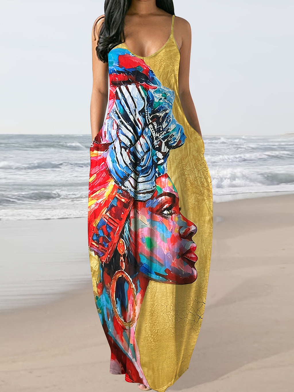 Portrait Print Spaghetti Strap Maxi Dress Women Long Summer Casual Boho European American Style Dress S-XXL