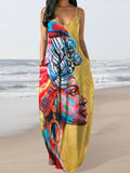 Portrait Print Spaghetti Strap Maxi Dress Women Long Summer Casual Boho European American Style Dress S-XXL