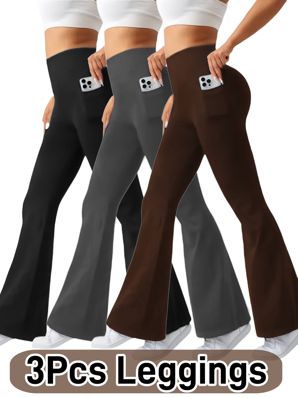 Flare Leggings with Pockets Women 3 Pack Ultra Soft High Waist Tummy Control Bootcut Stretch Pants 4 Colors All Season S-XXL