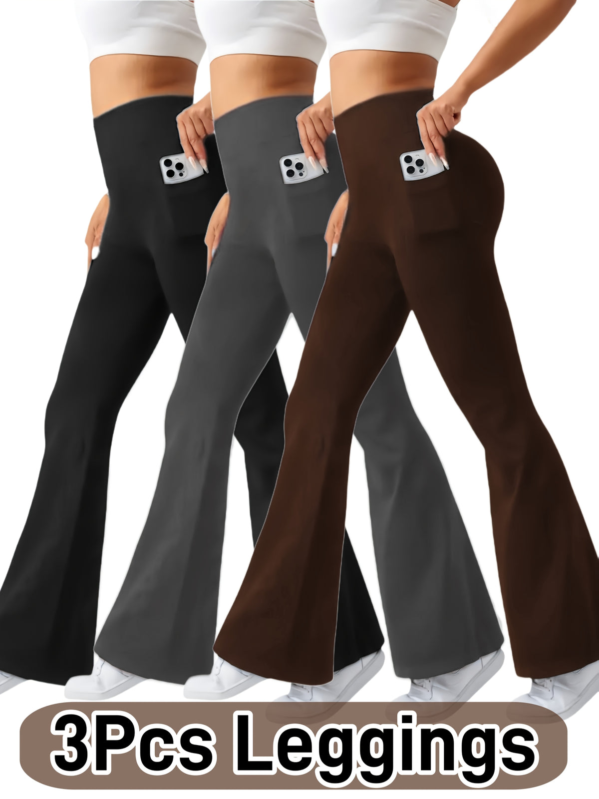 Flare Leggings with Pockets Women 3 Pack Ultra Soft High Waist Tummy Control Bootcut Stretch Pants 4 Colors All Season S-XXL