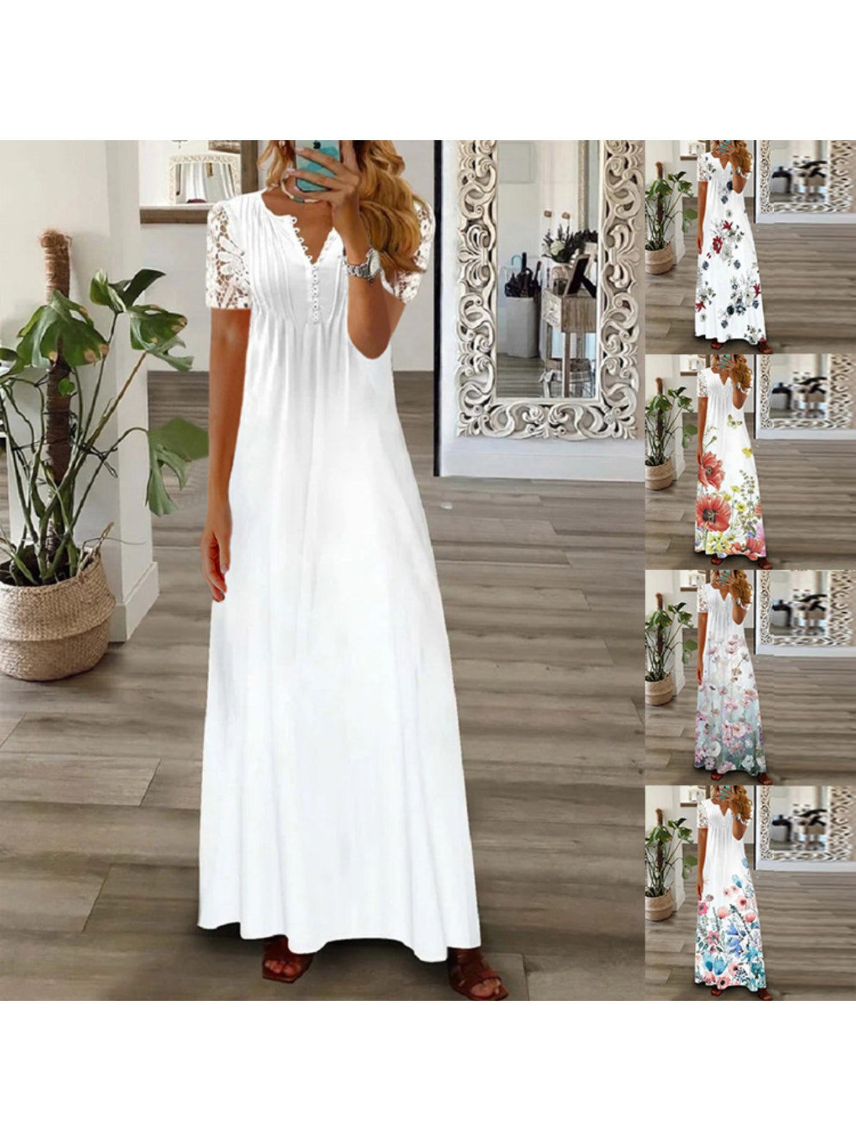 Women's Bohemian White Lace Long Dress V-Neck Long Sleeve High Waist A-Line Flowing Hem Romantic Date Beach Dress