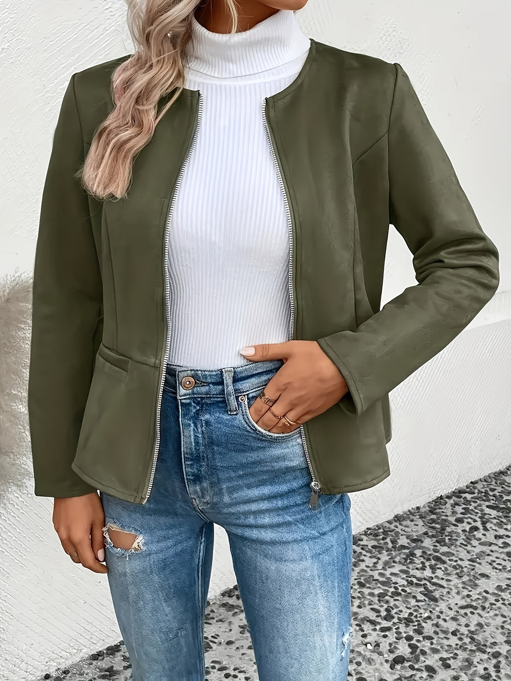 Slim Fit Zip Up Jacket for Women Round Neck Long Sleeve Casual Coat Solid Color All Season Versatile