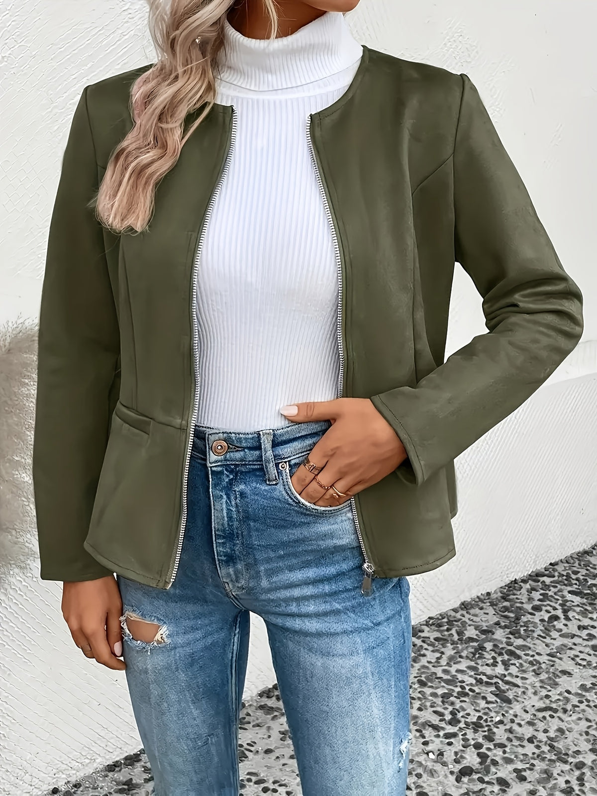 Slim Fit Zip Up Jacket for Women Round Neck Long Sleeve Casual Coat Solid Color All Season Versatile