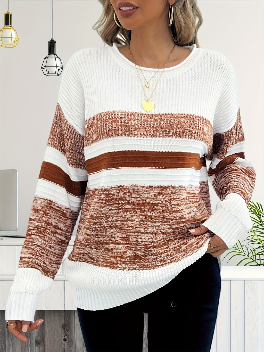 Striped Color Block Ribbed Sweater Women Long Sleeve Pullover Casual Knit Top Fall Winter S-XXL