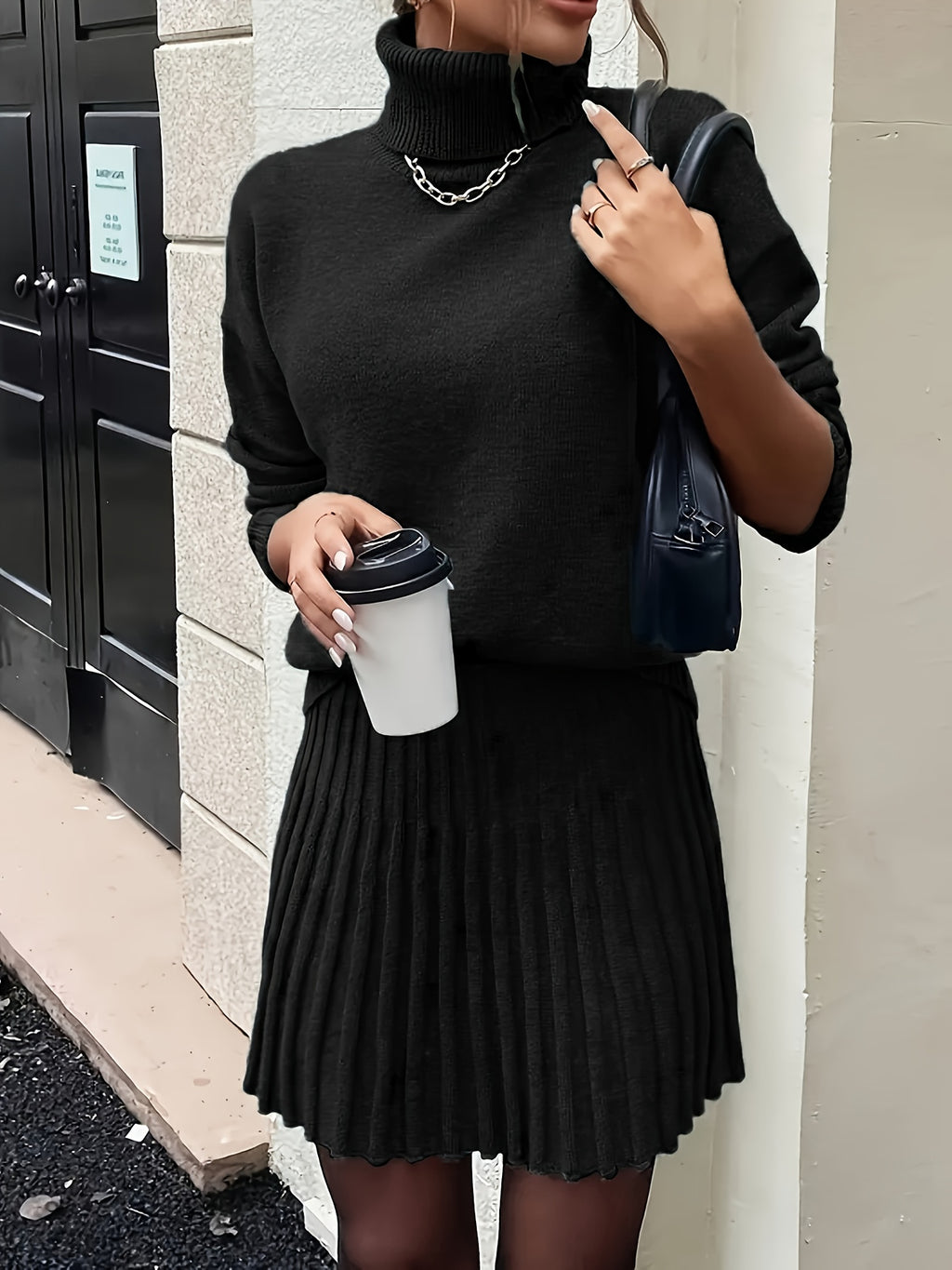 High-Neck Sweater Pleated Skirt Two-Piece Set Women Elegant Drop Shoulder Long Sleeve | Chic Knit Top + Pleated Skirt Co-Ord for Fall Winter Office & Daily Wear