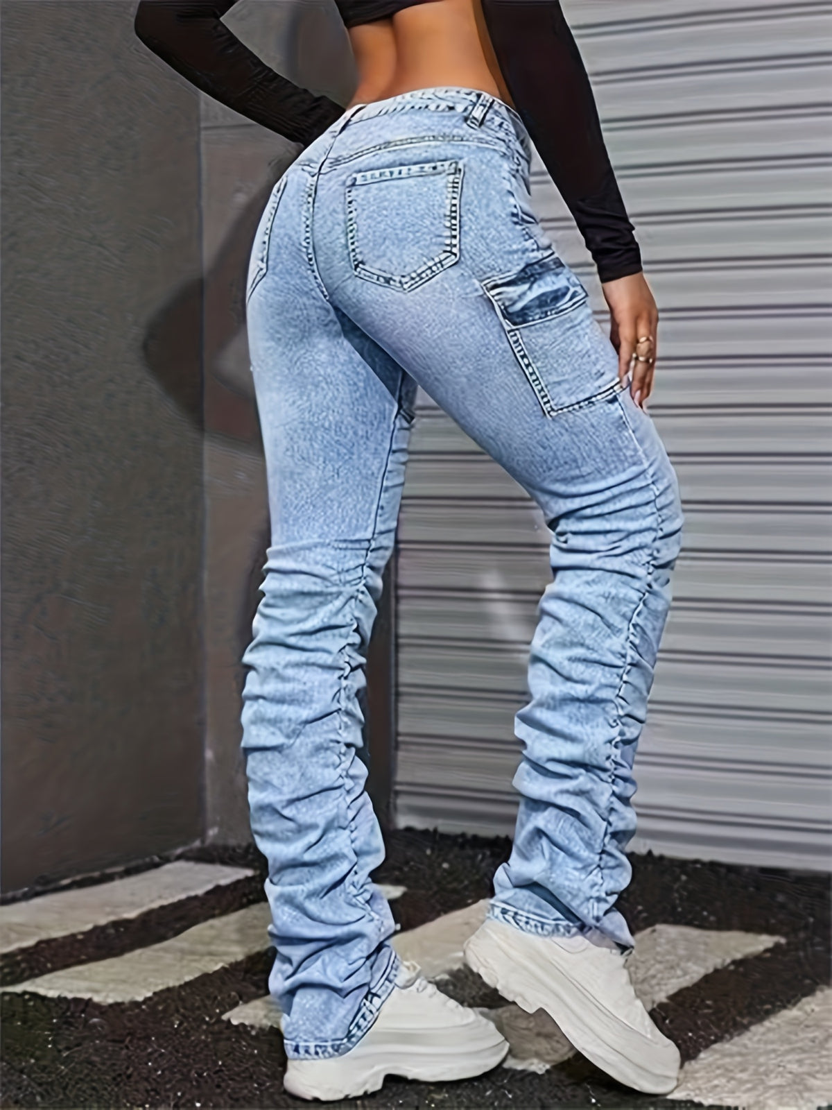 Sky Blue Slim Fit Pleated Leg Jeans for Women - Stretchy Fashion Denim with Unique Pleated Design, Stylish Practical Casual Pants for Everyday & Going Out Outfits