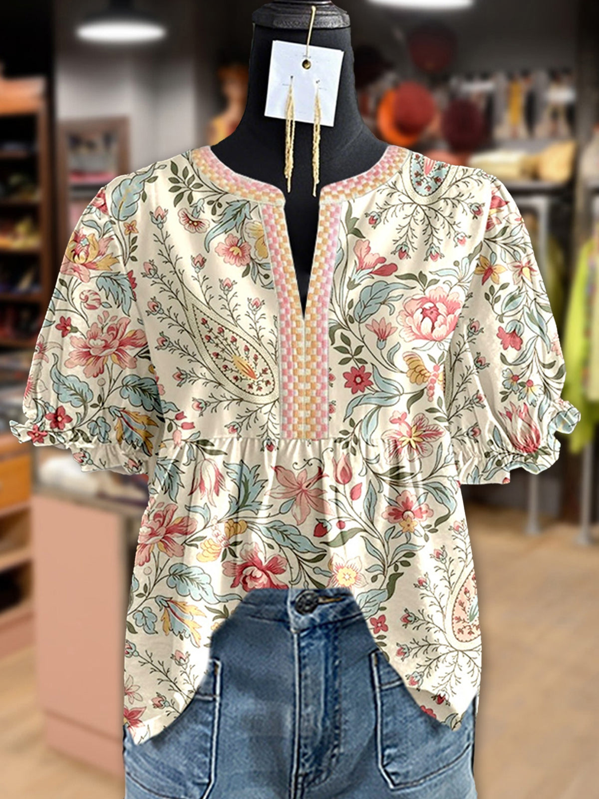 Boho Peplum Blouse Women Floral Paisley Print Babydoll Top Notch Neck Puff Sleeve Casual Summer Bohemian Top S M L XL XXL