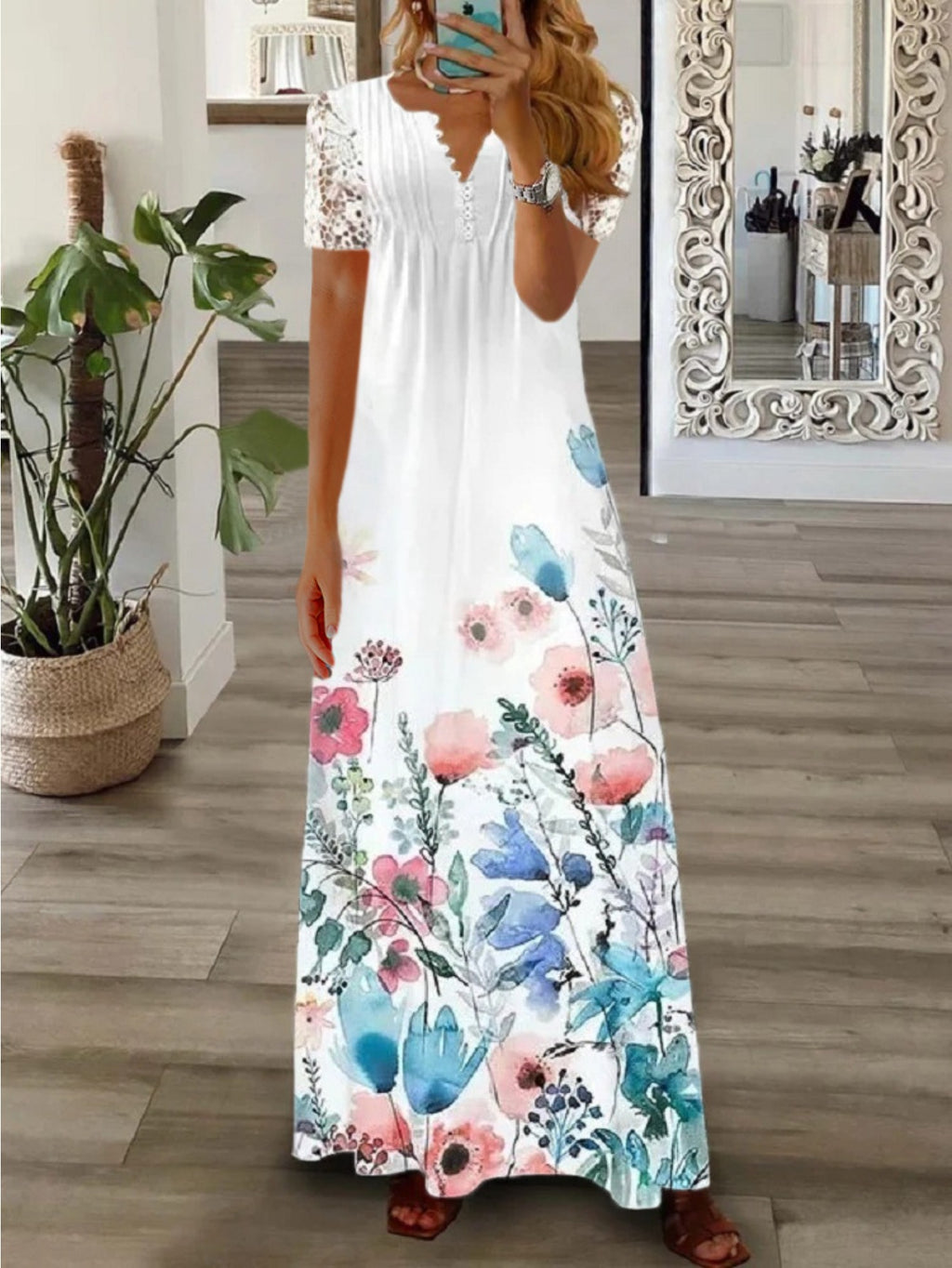 Women's Bohemian White Lace Long Dress V-Neck Long Sleeve High Waist A-Line Flowing Hem Romantic Date Beach Dress