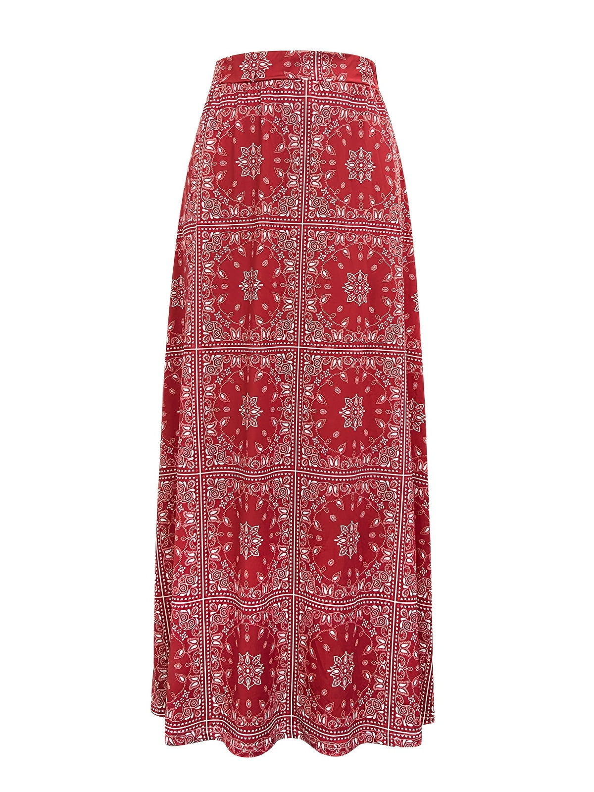 Ethnic Print Boho Midi Skirt Women Casual Floral Summer Flowy A-Line Vacation Skirt Red S-XXL
